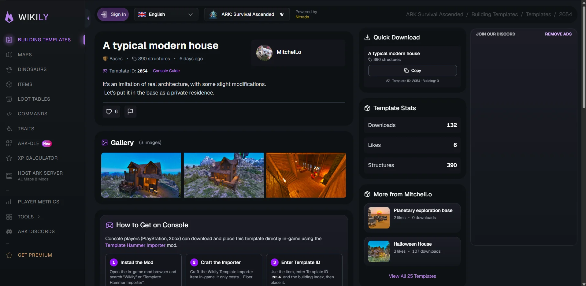 Template page on Wikily.gg showing the Template ID and Building ID