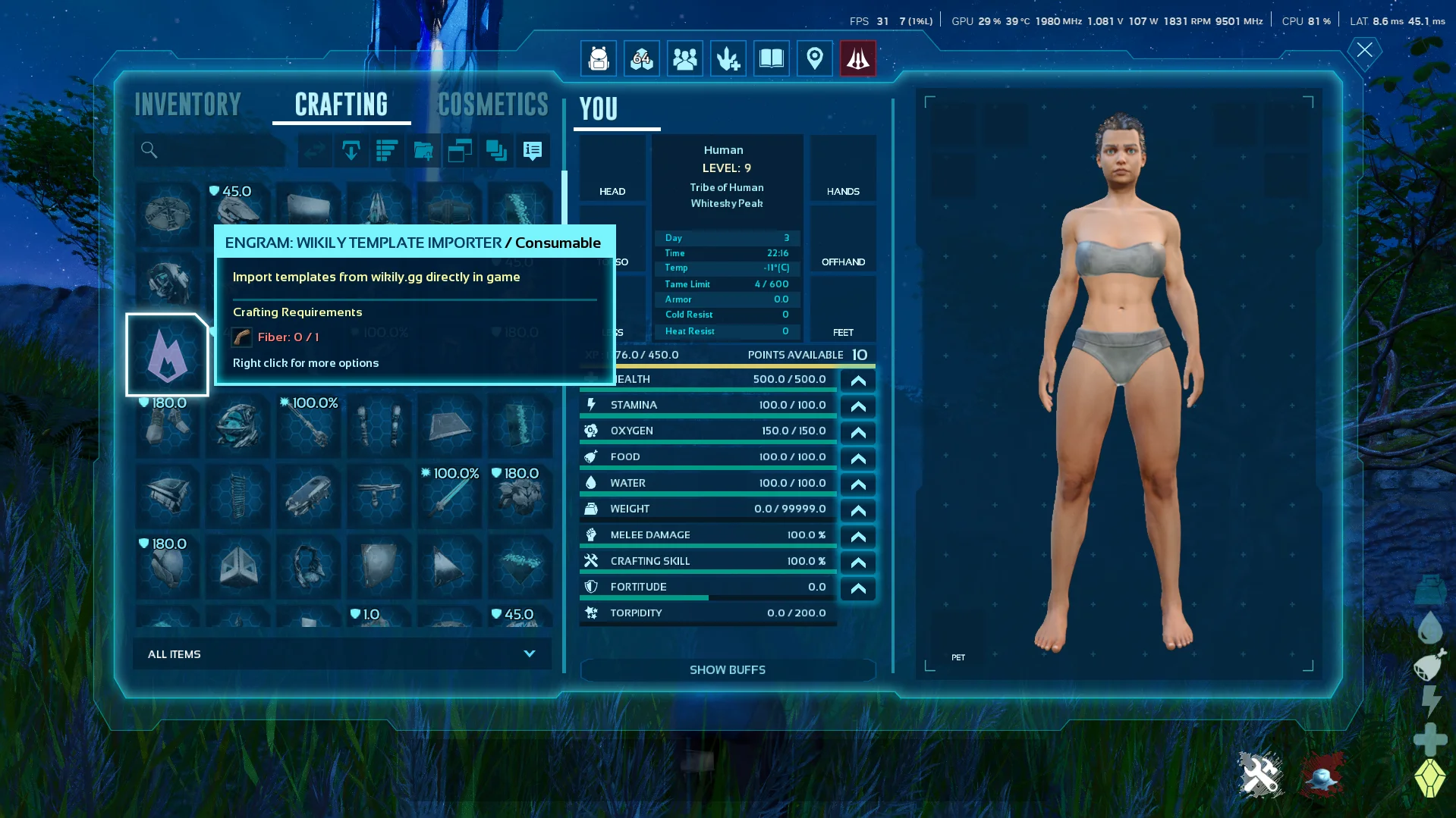 Crafting the Wikily Template Importer item in-game