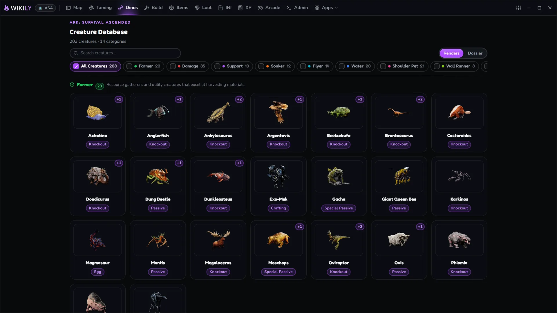 The Wikily overlay showing the ARK creature database