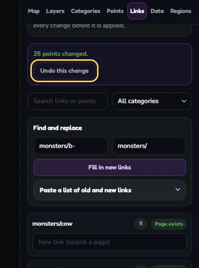 After applying: a message says 35 points changed, with the outlined Undo this change button below it. The list now shows the new links such as monsters/cow.