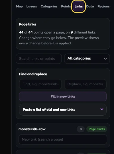 Map Studio, Links tab, with the Links tab outlined. It shows that 44 of 44 points open a page, a Find and replace box, and a list of links such as monsters/b-cow with 8 points and the label Page exists.