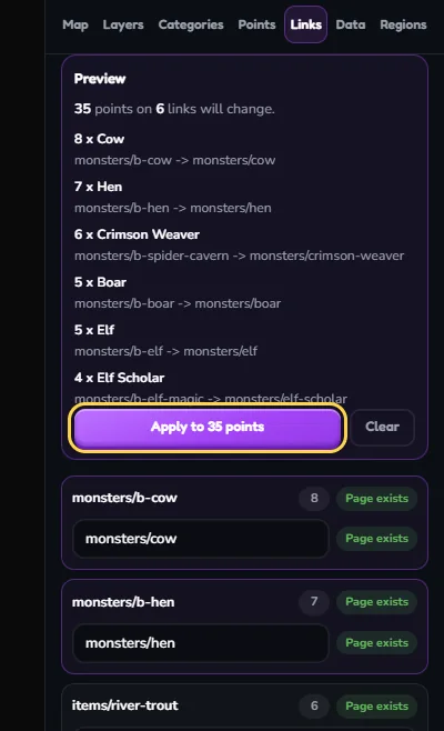The Preview with no warnings left: 35 points on 6 links will change, each old link next to its new one. The Apply to 35 points button is outlined.