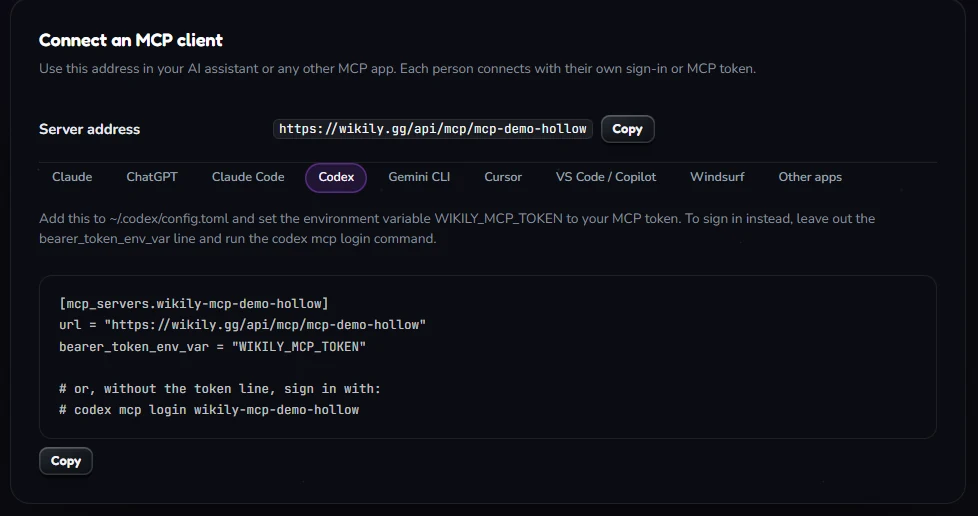 Die Karte Verbinden auf der Seite MCP-Zugang: die Server-Adresse und ein Reiter pro App (Claude, ChatGPT, Claude Code, Codex, Gemini CLI, Cursor, VS Code / Copilot, Windsurf, Andere Apps), mit der Einrichtung für Codex.